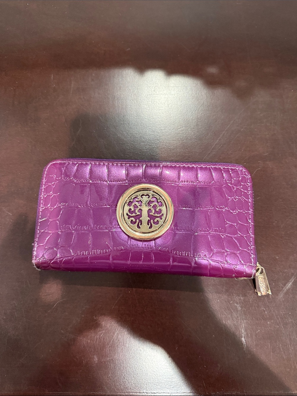 Croc-Embossed Zip Wallet with Gold Medallion in Purple